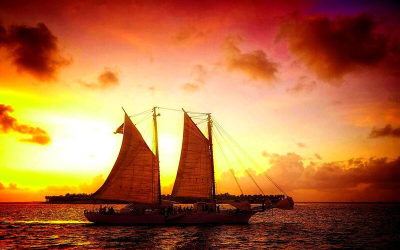 Sailboat at Sunset — Orange, Dramatic, Photograph, Ocean, Sky, Clouds