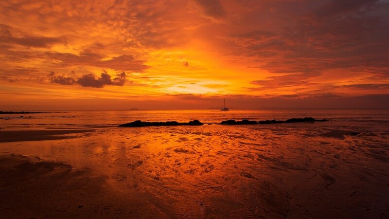 Sailboat at Sunset — Orange, Dramatic, Photograph, Ocean, Sky, Sand