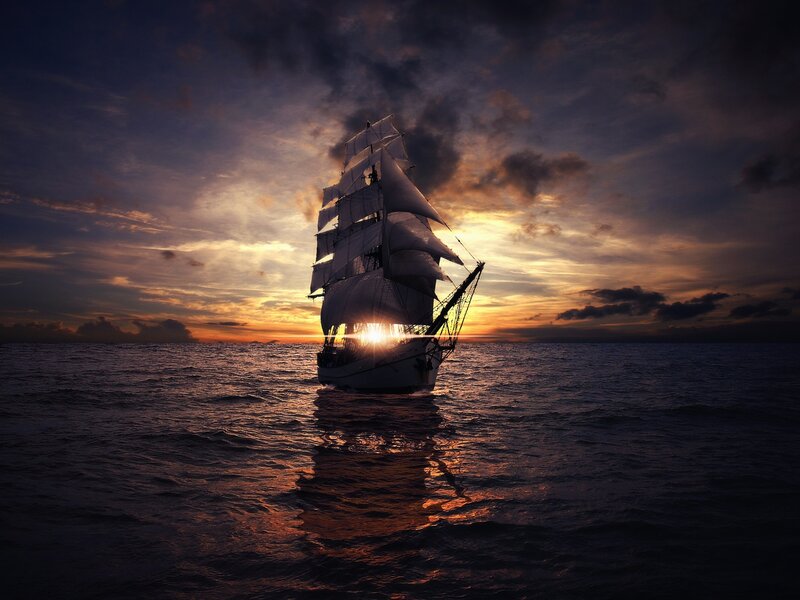 Sailboat at Sunset — Orange, Dramatic, Photograph, Ocean, Sky, Sun