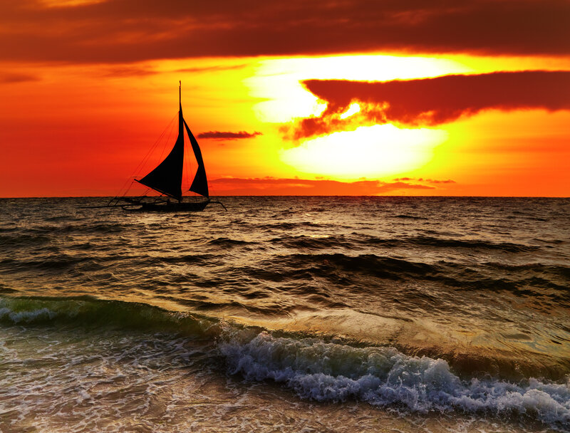 Sailboat at Sunset — Orange, Dramatic, Photograph, Ocean, Sky, Waves