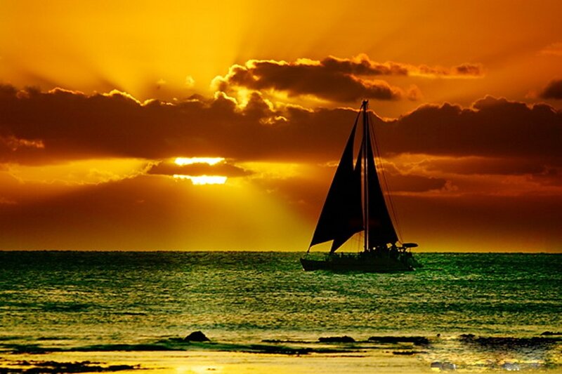 Sailboat at Sunset — Orange, Dramatic, Photograph, Ocean, Sun