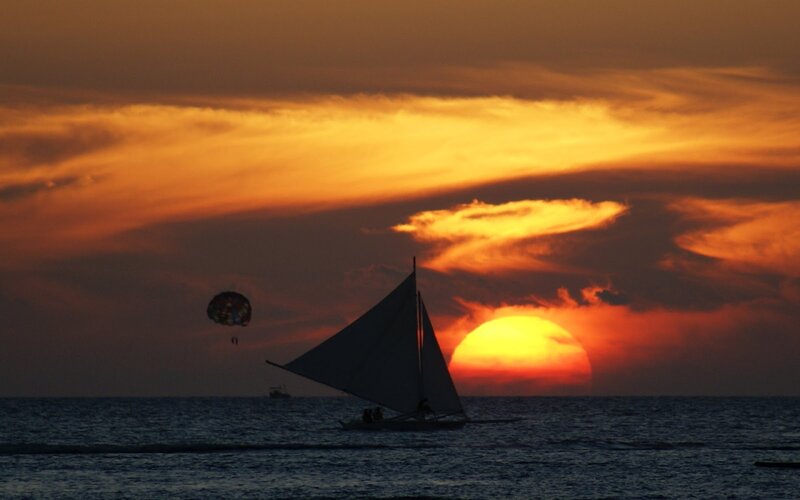 Sailboat at Sunset — Orange, Dramatic, Photograph, Parasail, Sun