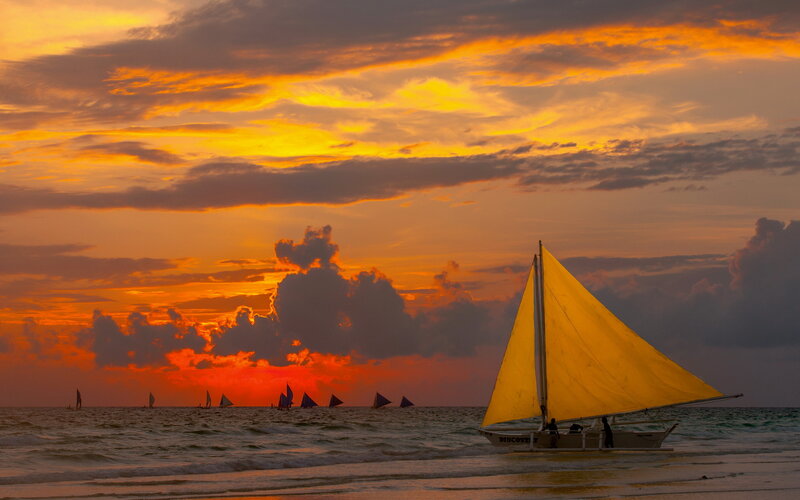 Sailboat at Sunset — Orange, Dramatic, Photograph, Sailboats