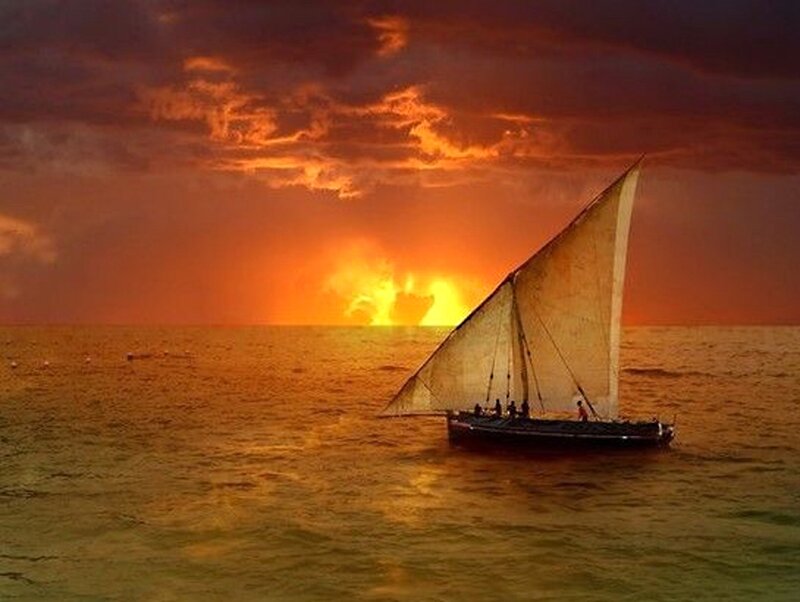 Sailboat at Sunset — Orange, Dramatic, Photograph, Sea, Sky