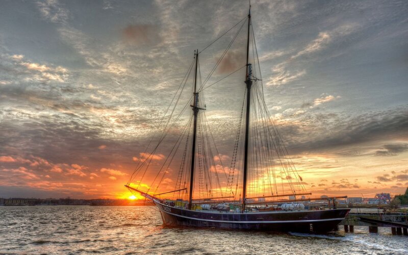 Sailboat at Sunset — Orange, Dramatic, Photograph, Sky, Water
