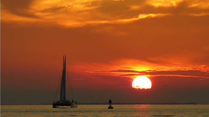Sailboat at Sunset — Orange, Dramatic, Photograph, Sun, Buoy