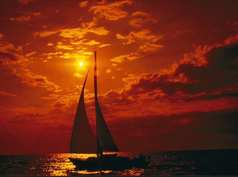 Sailboat at Sunset — Orange, Dramatic, Photograph, Sun, Clouds, Ocean
