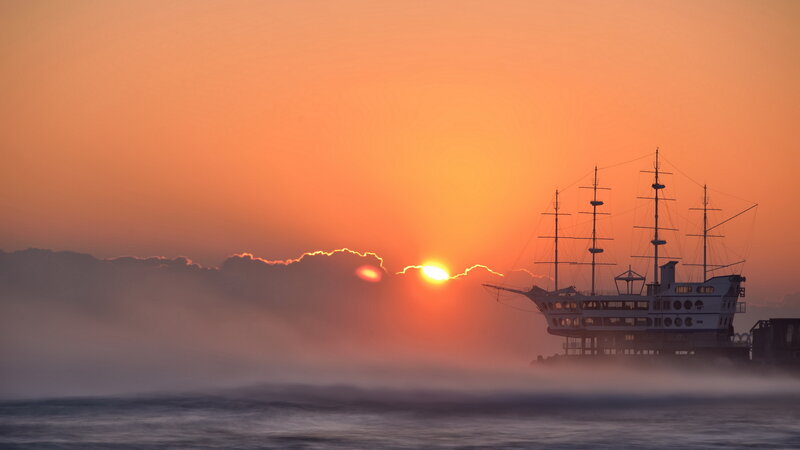 Sailboat at Sunset — Orange, Dramatic, Photograph, Sun, Clouds, Sea