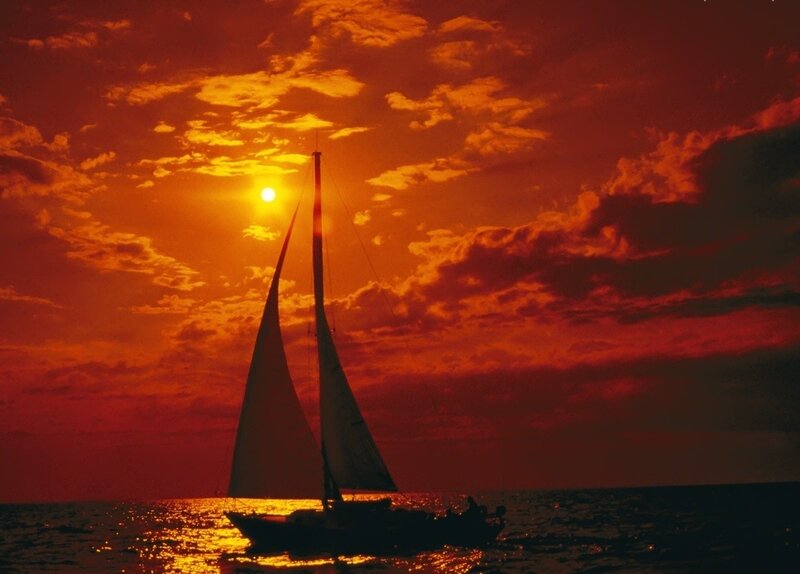 Sailboat at Sunset — Orange, Dramatic, Photograph, Sun, Clouds