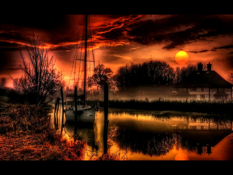 Sailboat at Sunset — Orange, Dramatic, Photograph, Sun, House