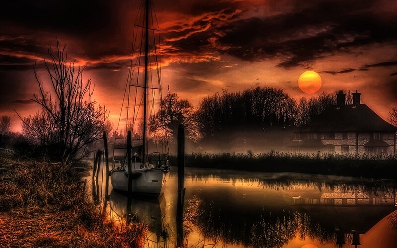 Sailboat at Sunset — Orange, Dramatic, Photograph, Sun, House, Trees