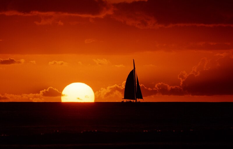 Sailboat at Sunset — Orange, Dramatic, Photograph, Sun, Ocean, Clouds, Red, Black