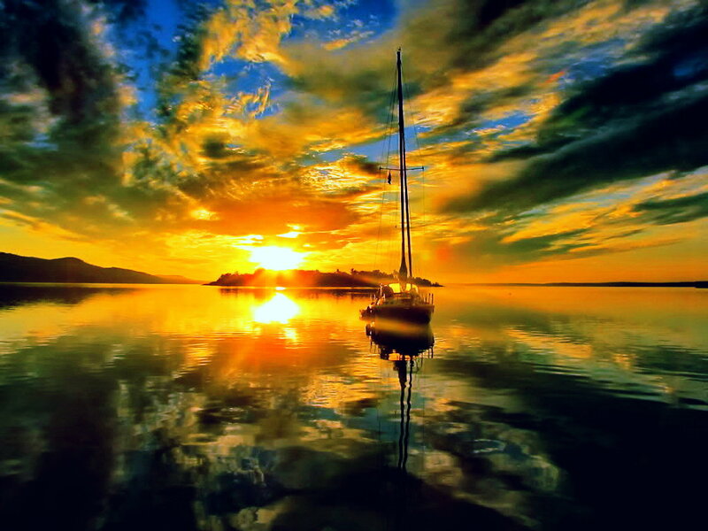 Sailboat at Sunset — Orange, Dramatic, Photograph, Sun, Sky, Island