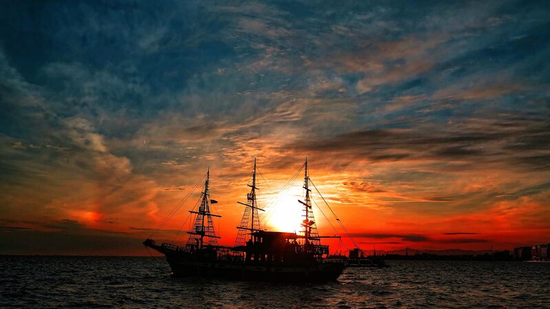 Sailboat at Sunset — Orange, Dramatic, Photograph, Sun, Sky, Sea