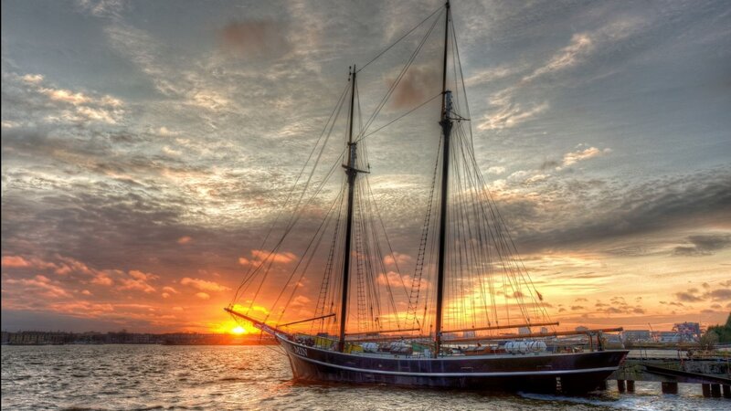 Sailboat at Sunset — Orange, Dramatic, Photograph, Sun, Sky