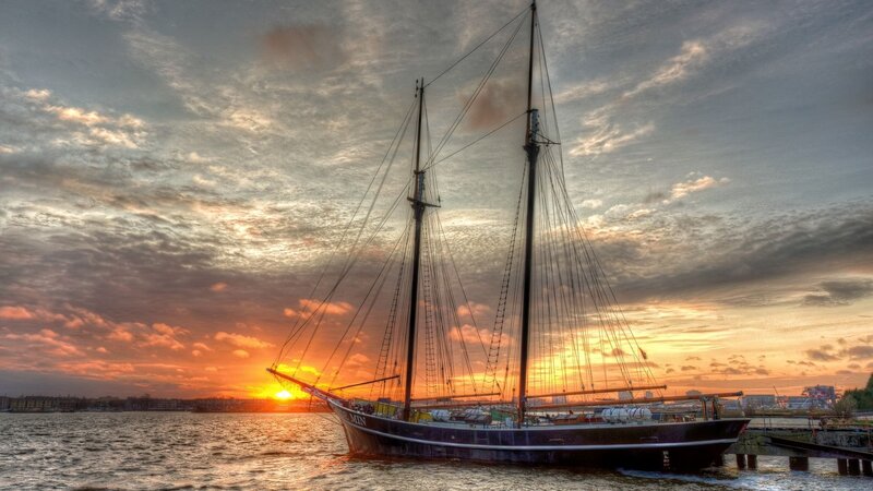 Sailboat at Sunset — Orange, Dramatic, Photograph, Sun, Sky, Water, Dock