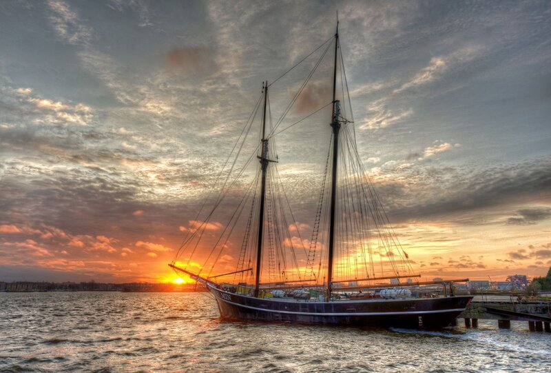 Sailboat at Sunset — Orange, Dramatic, Photograph, Sun, Sky, Water