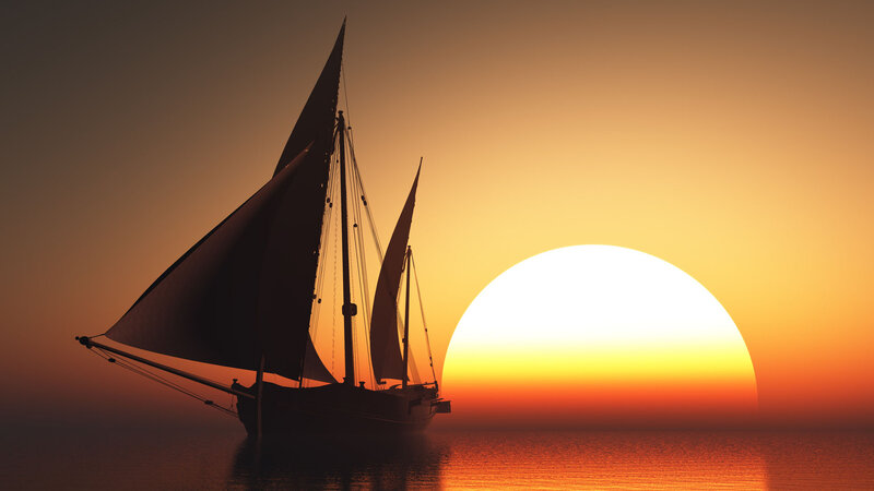 Sailboat at Sunset — Orange, Serene, 3d Render, Sun, Sea, Sky