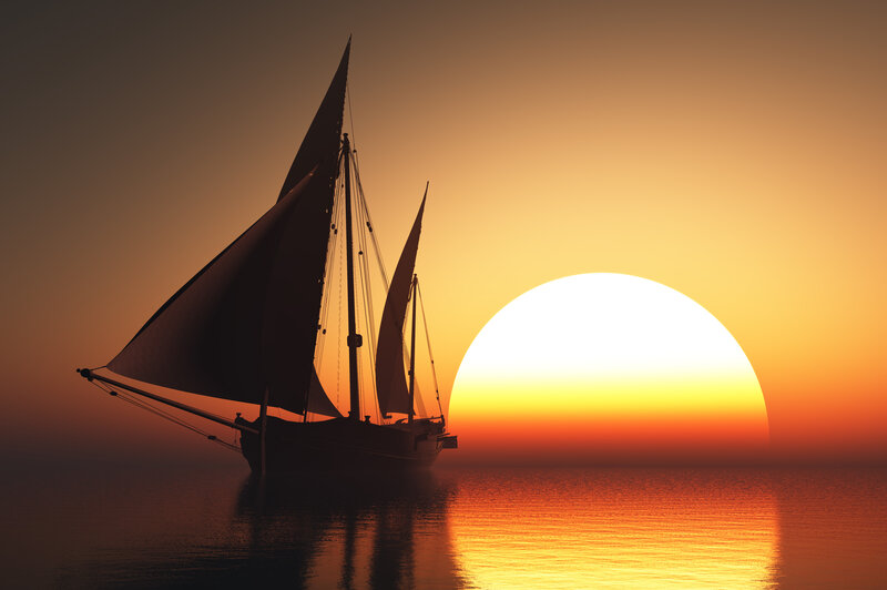 Sailboat at Sunset — Orange, Serene, 3d Render, Sun, Sea