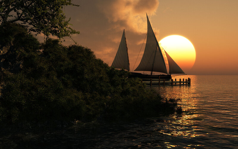 Sailboat at Sunset — Orange, Serene, 3d Render, Sun
