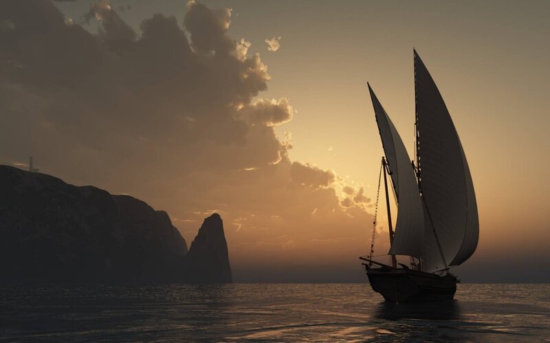 Sailboat at Sunset — Orange, Serene, 3d Render