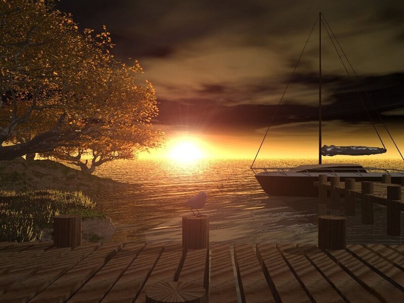 Sailboat at Sunset — Orange, Serene, 3d Render, Tree