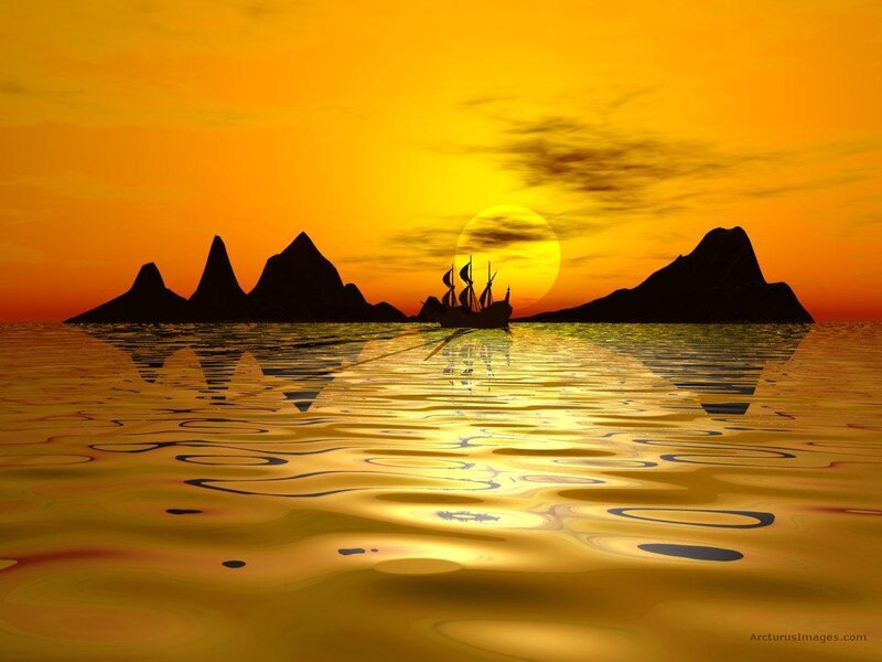 Sailboat at Sunset — Orange, Serene, Digital Art, Mountains
