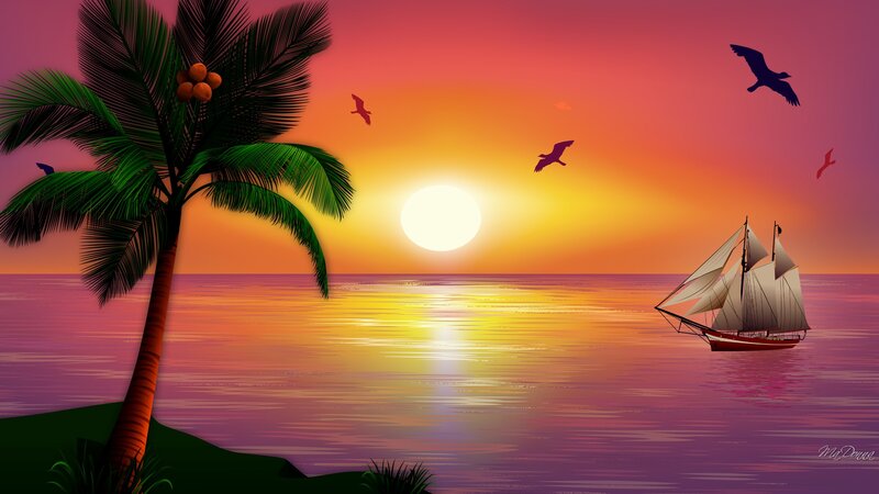 Sailboat at Sunset — Orange, Serene, Digital Art, Palm Tree