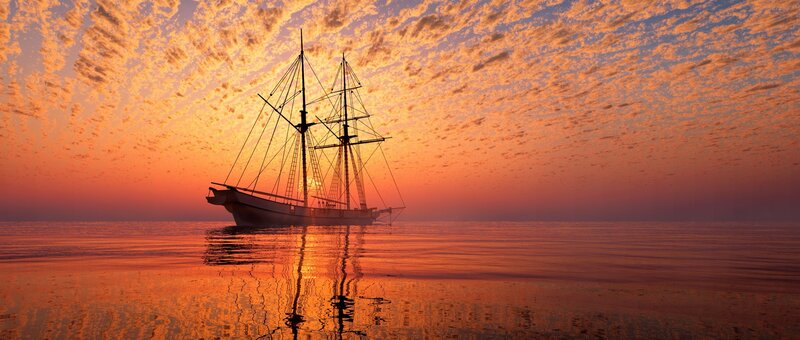 Sailboat at Sunset — Orange, Serene, Digital Art, Sky