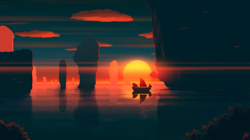 Sailboat at Sunset — Orange, Serene, Digital Art, Sun, Clouds