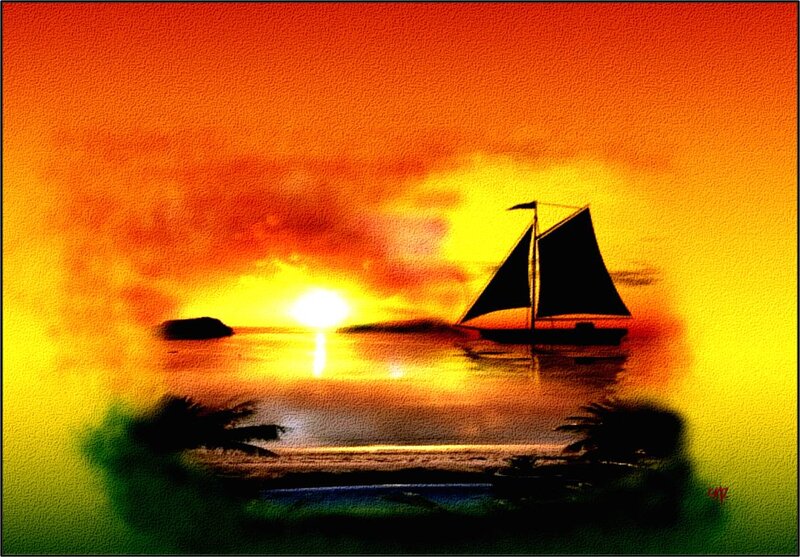 Sailboat at Sunset — Orange, Serene, Digital Art, Sun