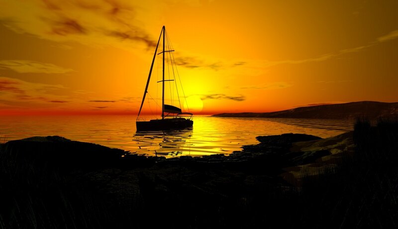 Sailboat at Sunset — Orange, Serene, Digital Art