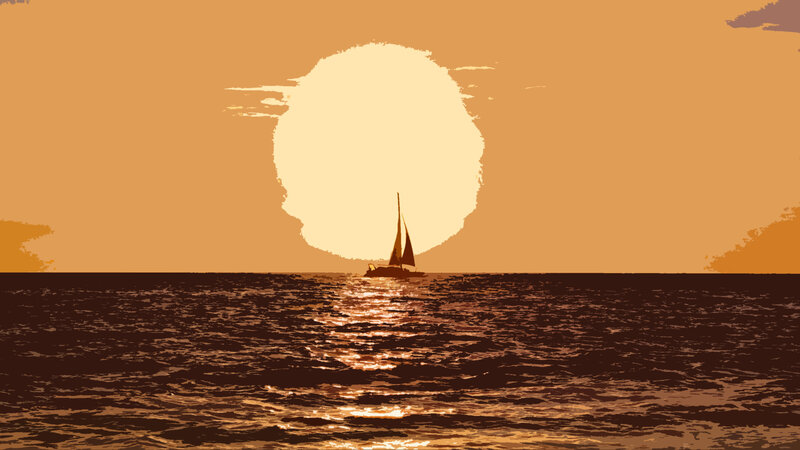 Sailboat at Sunset — Orange, Serene, Illustration