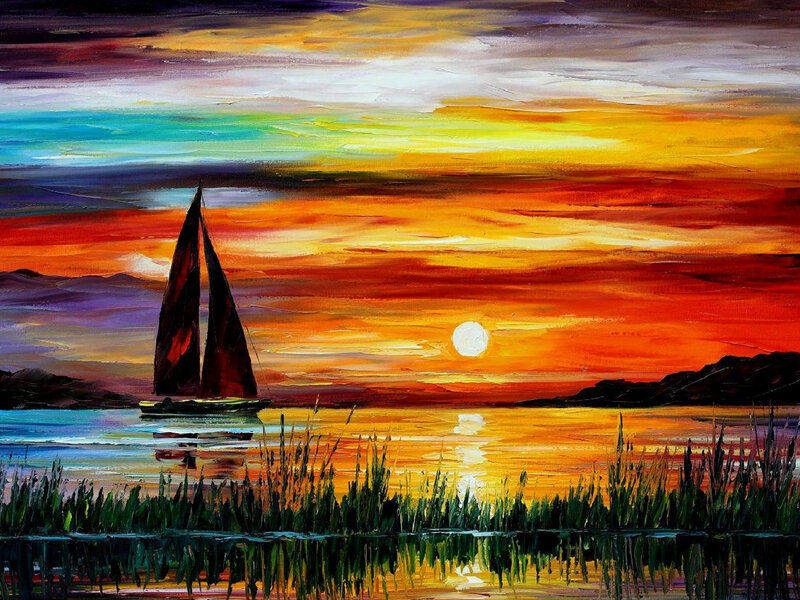 Sailboat at Sunset — Orange, Serene, Painting, Sun