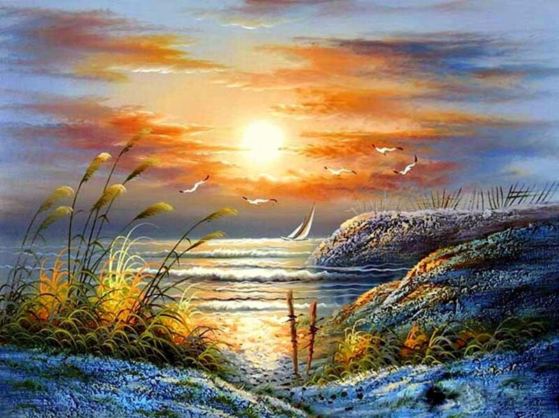 Sailboat at Sunset — Orange, Serene, Painting