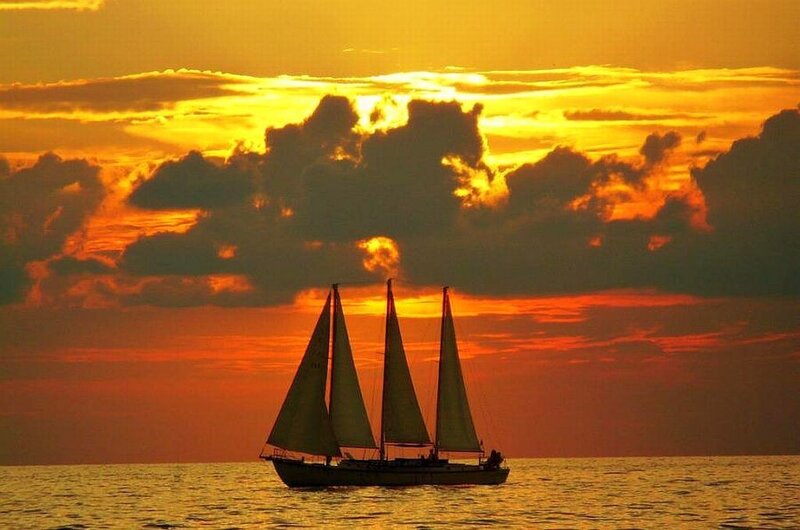 Sailboat at Sunset — Orange, Serene, Photograph, Clouds