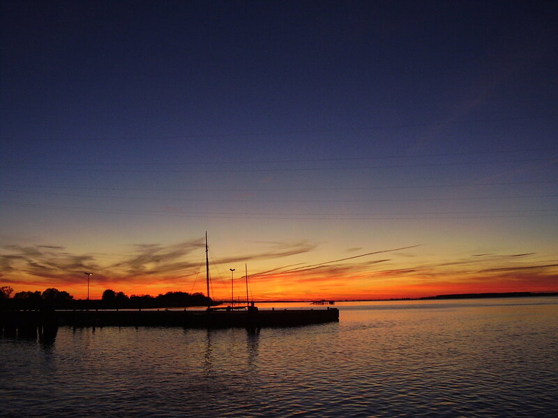 Sailboat at Sunset — Orange, Serene, Photograph, Dock, Sky