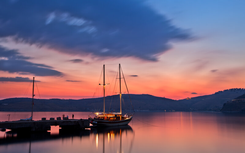 Sailboat at Sunset — Orange, Serene, Photograph, Dock