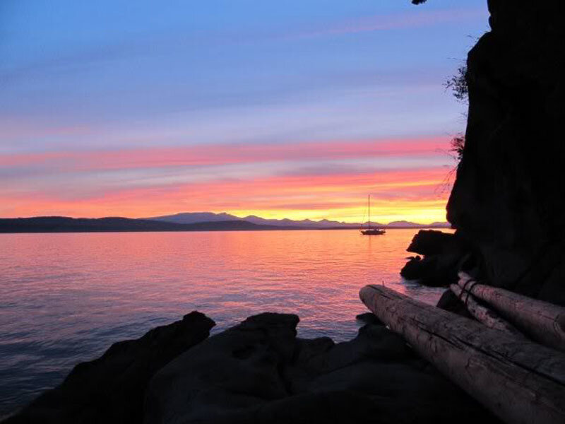 Sailboat at Sunset — Orange, Serene, Photograph, Mountains