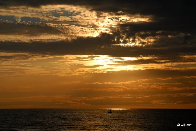 Sailboat at Sunset — Orange, Serene, Photograph, Ocean, Clouds