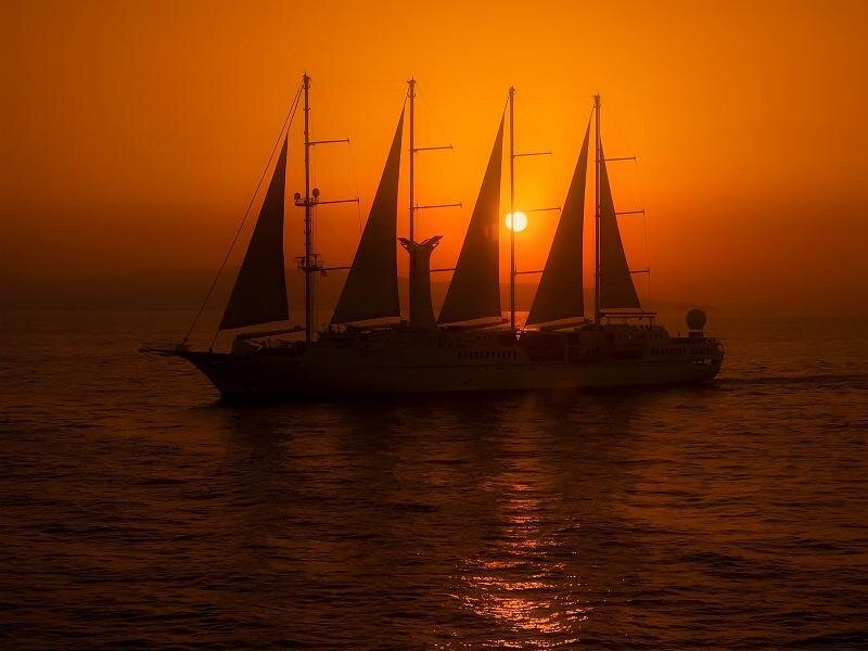 Sailboat at Sunset — Orange, Serene, Photograph, Ocean, Sails