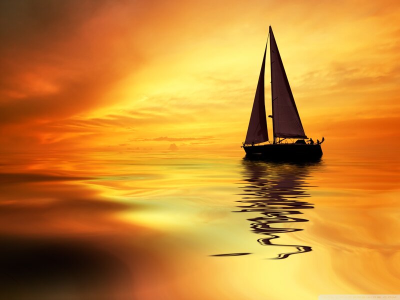 Sailboat at Sunset — Orange, Serene, Photograph, Ocean, Silhouette