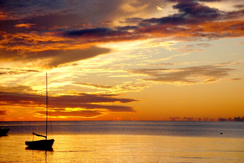 Sailboat at Sunset — Orange, Serene, Photograph, Ocean, Sky, Clouds, Yellow