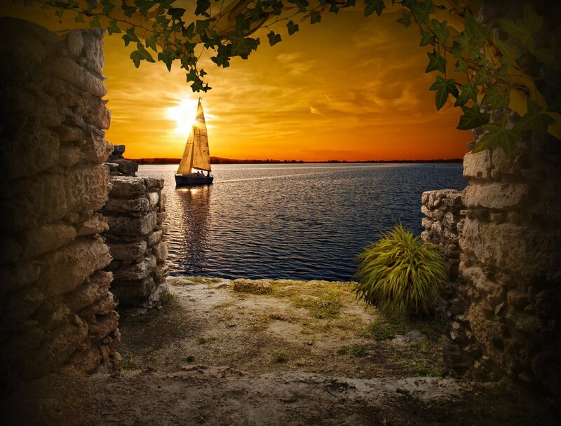Sailboat at Sunset — Orange, Serene, Photograph, Stone Wall, Ivy