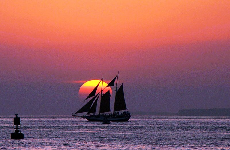 Sailboat at Sunset — Orange, Serene, Photograph, Sun, Buoy
