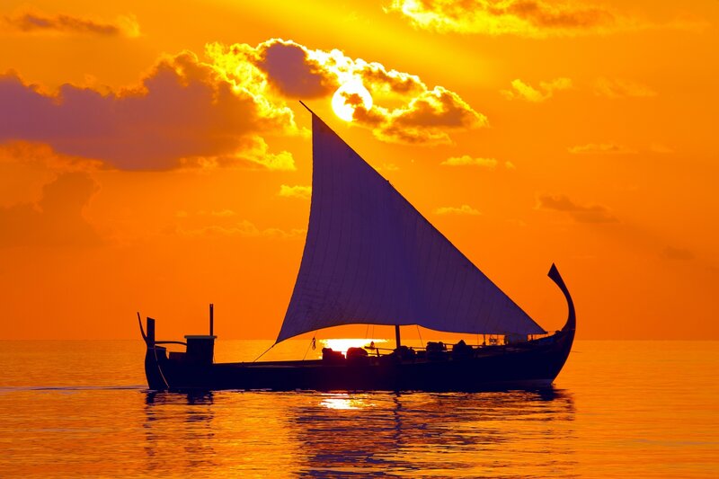 Sailboat at Sunset — Orange, Serene, Photograph, Sun, Clouds, Ocean