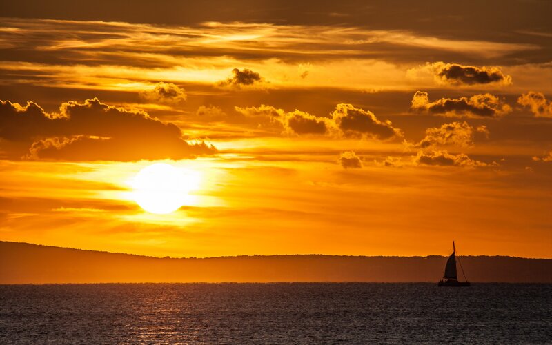 Sailboat at Sunset — Orange, Serene, Photograph, Sun, Clouds