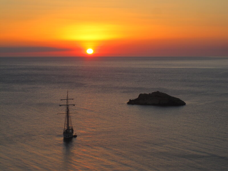 Sailboat at Sunset — Orange, Serene, Photograph, Sun, Island, Ocean