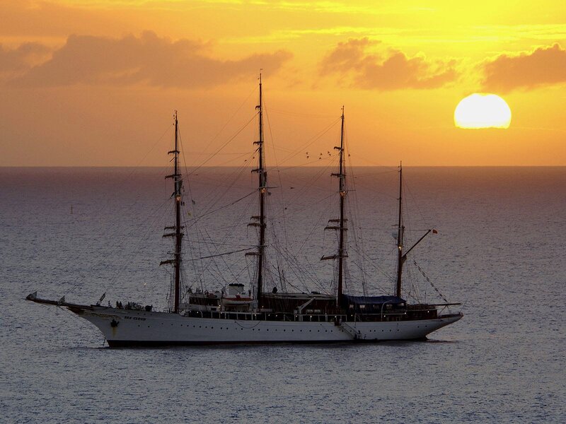 Sailboat at Sunset — Orange, Serene, Photograph, Sun, Ocean, Birds
