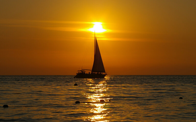 Sailboat at Sunset — Orange, Serene, Photograph, Sun, Ocean, Buoy